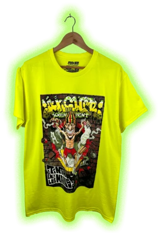 Camiseta amarilla flúor PIBES CHORROS «Tinta en las Manos» de ANKOR, ilustración de Senk, vista frontal